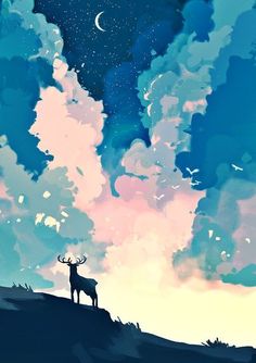 a painting of a deer standing on top of a hill under a cloudy blue sky