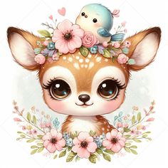 a baby deer with flowers and a bird on it's head