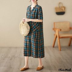 Olivia Mark - Vintage Casual Cotton Linen Plaid Maxi Dress Loose Fit Skirt Casual Plaid A-line Dress, Casual Plaid Short Sleeve Dress, Summer Plaid Dresses With Pockets, Casual Plaid Dresses With Pockets, Casual Daywear Dresses With Pockets, Casual Fall Dresses With Slip Pockets, Casual Plaid Dresses For Vacation, Casual A-line Dresses With Slip Pockets, Plaid Maxi Dress