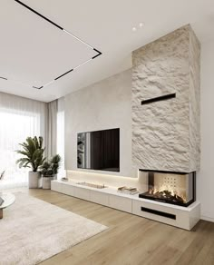 a modern living room with a fireplace and tv