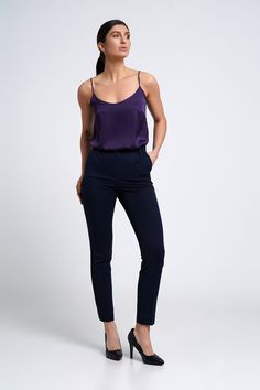 "A minimalist satin camisole top featuring spaghetti straps, v-neckline, and semi-fitted silhouette. - spaghetti straps - slip style - v-neck - gray pink color - semi-fitted silhouette Fiber: polyester - 55%, viscose - 40%, elastane - 5% Color: purple For size S: length- 23\" (58cm) Our model wears S (06) and is 176cm/5'9\" tall You may feel free choosing the size. Just send us your measurements (bust, waist, hips, height). We will define your correct size. SIZE CHART XS __ EU 34 __ US 4 bust: 3 Blue Trousers Women, Skater Dresses Casual, Silk Cami Top, Purple Bridesmaid, Satin Tank Top, Top Satin, Satin Cami Top, Pencil Silhouette, Purple Bridesmaids