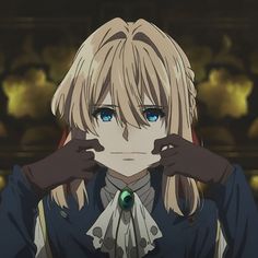 an anime character with blonde hair and blue eyes holding her hands up to her face