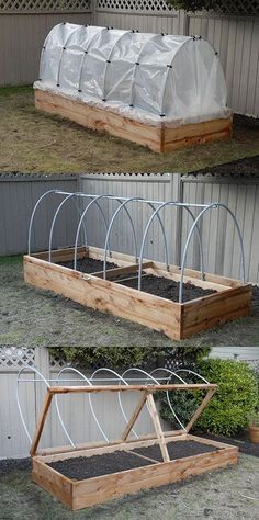 two pictures showing the different stages of growing plants in an outdoor planter box, and how to use them