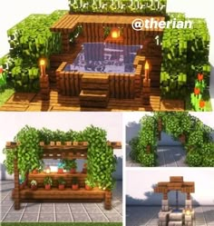 several different views of an outdoor hot tub surrounded by greenery and plants, including trees