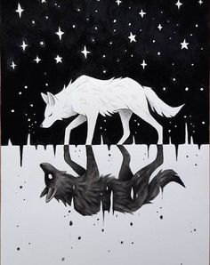 a drawing of two black and white wolfs in the snow with stars above them