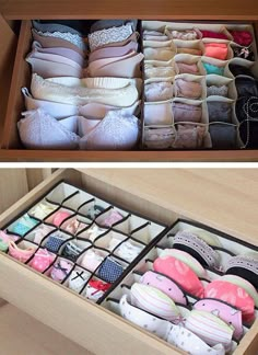 an open drawer with several pairs of shoes in it and the bottom drawer filled with slippers