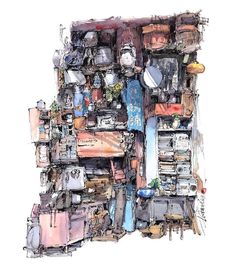 a drawing of a bunch of items stacked on top of each other in a pile