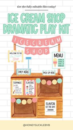 the ice cream shop dramatic play kit is shown with instructions for how to make it