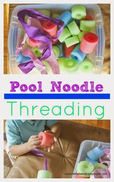 a collage of images with the words pool noodle threading