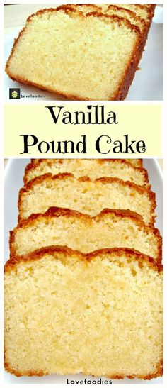 four slices of vanilla pound cake on a white plate