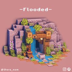 an image of a game screen with the words flooded in front of it and a small waterfall