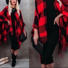 One Size Fits (S-Xl) Buffalo Check Plaid Tassel Shawl Poncho. *No Armholes. No Closure. Length 24” From Shoulder To Hem. Approximate Dimension 46x55 Fabric: 100% Acrylic Belt Is Not Included* Price Is Firm, No Offers Red One-size Cape Shawl, Red Cape Shawl For Winter, Red Winter Cape Shawl, Red Fringed Shawl For Fall, Oversized Red Cape For Fall, Red Fringe Shawl For Fall, Red Oversized Poncho For Winter, Fall Red Shawl Cape, Plaid Winter Poncho