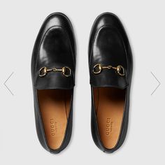 The Gucci Jordaan Is Our New Horsebit Loafer With A Slimmer Shape And Horsebit. Featured In Vogue’s 25 Ways To Gucci Black Leather Horsebit Detail Slim Shape Leather Sole Flat .5" Heel Made In Italy Gucci Luxury Tassel Loafers For Formal Occasions, Luxury Gucci Leather Shoes For Galas, Gucci Oxford Shoes Women, White Gucci Loafers For Work, Luxury Black Derby Shoes For Business Casual, Luxury Dress Shoes With Leather Sole In Classic Style, Gucci Taupe Loafers, Gucci Loafers Bee, Women’s Gucci Loafers