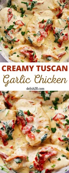 keto creamy tuscann garlic chicken in a skillet with text overlay