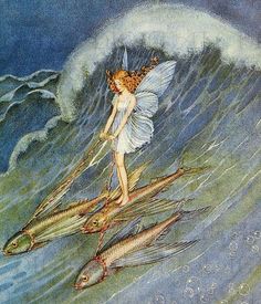 a fairy is standing on two fish in the water