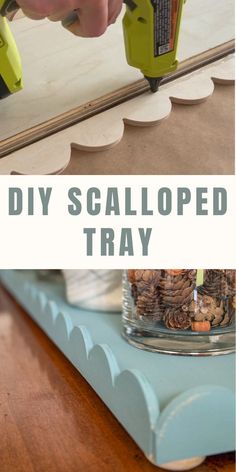 a person using a stapler to attach scraps on a piece of wood with the words diy scalloped tray above it