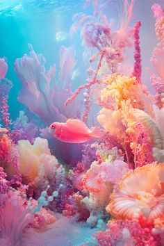 an underwater scene with corals, seaweed and other colorful things in the water