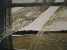 an abstract painting with sheer curtains in front of a window that has grass and trees on it