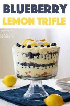 a blueberry lemon trifle in a glass dish