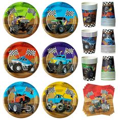 monster truck party supplies including plates, cups and napkins