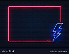 a neon sign with a lightning bolt in the center on a dark brick wall background