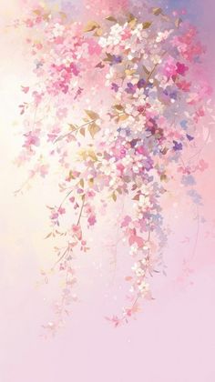 an abstract painting of pink and blue flowers on a light purple background with gold leaves