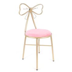 a pink chair with a bow on it's back and seat cushion in the shape of a butterfly