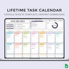 the google sheets calendar is displayed on a laptop screen with text that reads,'life time task calendar google sheets template instant instant