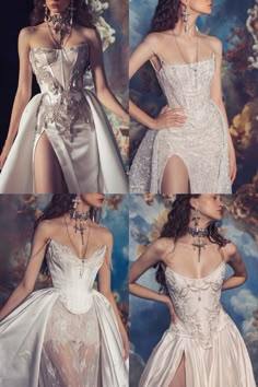 four different dresses with high slits on the sides and one in white, two in silver