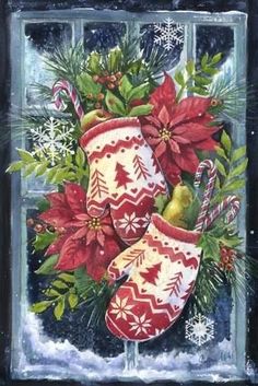 a painting of christmas stockings and poinsettis on a window sill with candy canes