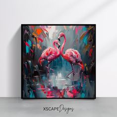 two flamingos are standing in the water with their necks crossed