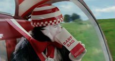 a person in a car with a red and white striped hat holding a large tube