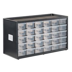 a large plastic storage cabinet with many drawers