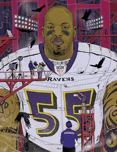 a drawing of a football player with the number 55 on it's uniform and birds flying around him