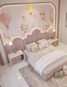 a bedroom with a large bed and lots of balloons on the wall