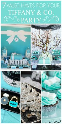 a collage of photos with blue and white decor on it's side, including cupcakes