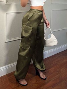 Grey Casual Collar  Polyester Plain Cargo Pants Embellished Slight Stretch  Women Clothing Satin Cargo Pants Outfit, Streetwear Spring, Stand Collar Top, Work Pants Women, Cargo Pants Outfit, Style Streetwear, Women's Shapewear, Cosplay Dress, Festival Outfits