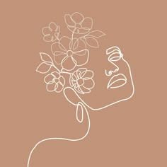 a line drawing of a woman's face with flowers in her hair on a brown background