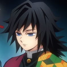 two anime characters one with black hair and the other red, standing next to each other