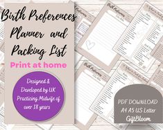 the birth reference planner and packing list is shown on top of a pile of papers