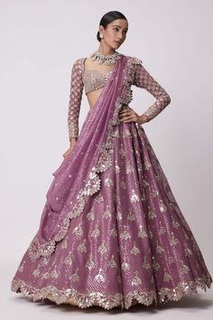 Buy Purple Lehenga And Dupatta Organza Embroidery Mirror Butti Work Bridal Set For Women by Vvani by Vani Vats Online at Aza Fashions. Mirror Lehenga, Sequin Lehenga, Vani Vats, Lehenga Pattern, Embroidery Mirror, Organza Embroidery, Full Sleeve Blouse