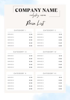 a printable price list with the words, company name and price list on it