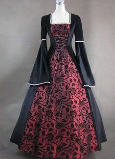 Medieval Renaissance Victorian Fair Queen Velvet Red Floral Print Brocade Ball Gown Dress Theatrical Costume     Condition: Brand New   Color: amp;nbsp; As Picture   Material: Brocade   Silhouette: Ball Gown   Sleeve Length: Full Sleeve   Dresses Length:Floor-Length   Neckline:Square Collar   Decoration: Lace   Style: Vintage   Includes: Dress     More Detail: About 45 inches (114 cm) long from waist to hem regardless of size. This dress is pictured with a 4-hoop skirt underneath to achieve the Era Victoria, Red And Black Dress, Gothic Party, Full Sleeves Dress, Medieval Gown, Skin Aesthetics, Mode Tips, Old Dresses, Medieval Dress