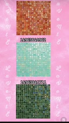 four different types of glass tiles with numbers and symbols on them, all in different colors