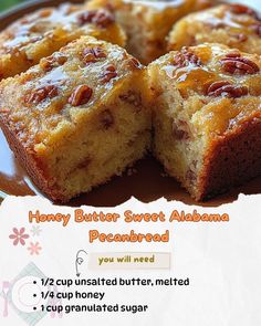 a close up of a cake on a plate with the words honey butter sweet, albiana pecanbread