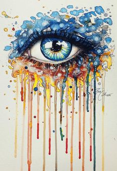 an eye with dripping paint on it's face and eyes are painted in blue, orange