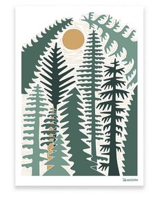 a poster with trees and sun in the background