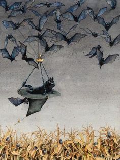 a painting of bats flying over a cornfield with a cat on a swing in the middle