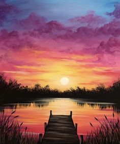 a painting of a sunset over a lake with a dock in the foreground and clouds in the background