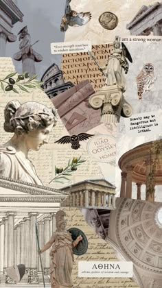 the collage is made up of many different images and words, including an old statue